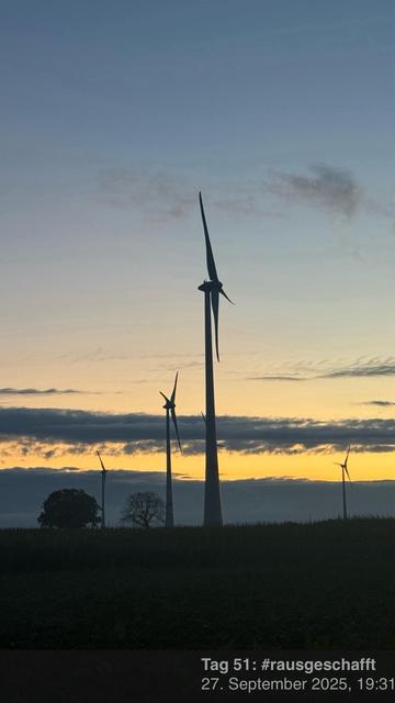 Silhouetten von Windkraftanlagen gegen einen Sonnenuntergangshimmel mit Wolken. Die Szene zeigt einen Farbverlauf von Blau bis Orange, und im Vordergrund befindet sich ein kleiner Baum.