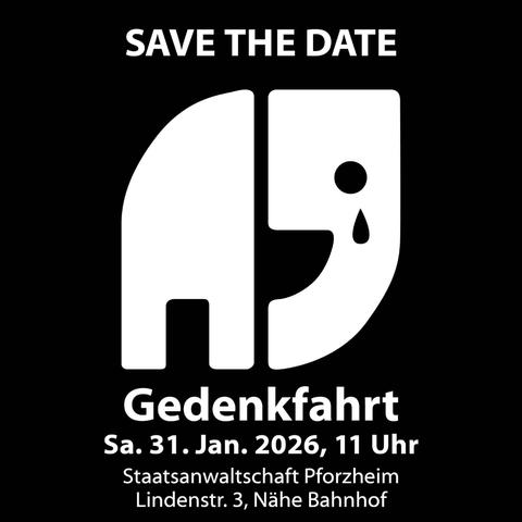Ein schwarzer Hintergrund mit weißem Text und Natenom-Grafiken. Text steht oben "SAVE THE DATE" und zeigt das Wort "Gedenkfahrt" unten, mit Details zur Veranstaltung am 31. Januar 2026, um 11 Uhr