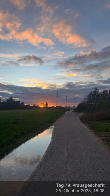 Ein Blick auf den Sonnenuntergang entlang eines gewundenen Schotterwegs, mit einer reflektierenden Pfütze auf der linken Seite. Auf beiden Seiten sind üppige grüne Felder zu sehen, und entfernte Bäume und Stromleitungen silumen gegen den lebendigen Himmel voller Wolken.