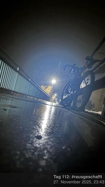 Ein Fahrrad nachts auf einer nassen, reflektierenden Oberfläche, mit einer Straßenlaterne, die die Szene beleuchtet. Die Umgebung erscheint dunkel und ruhig, mit einem Geländer im Vordergrund.