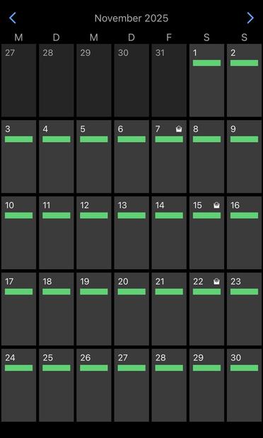 Ein digitaler Kalender, der den Monat November 2025 anzeigt, wobei alle Tage hervorgehoben sind. Einige Daten haben Symbole, die auf Ereignisse oder Erinnerungen hinweisen. Die Kalenderstruktur umfasst Wochentage, die in Zeilen organisiert sind.