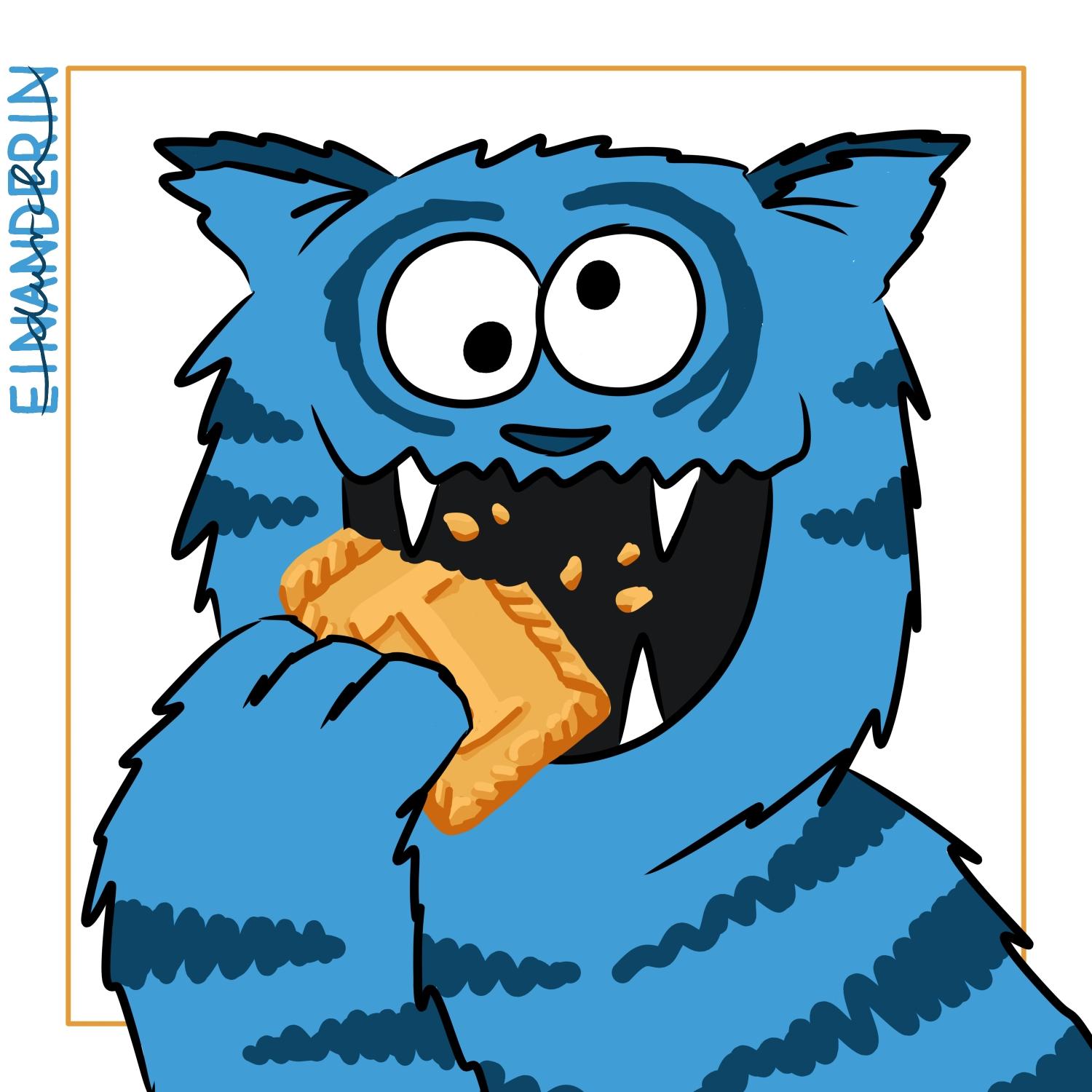 Digitale Zeichnung: ein hellblauer Tiger mit dunkelblauen Streifen, großen, schielenden Glubschaugen und weit aufgerissenem Maul, isst gerade einen Spekulatius. Der Spekulatius hat als Motiv ein großes 'T'.
